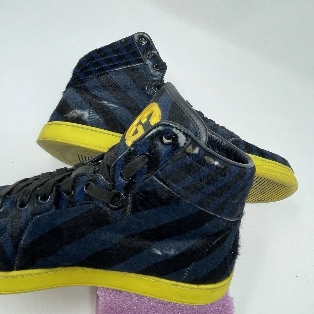 Gucci Mens Blue Black Calf Hair Leather High Top Limited Shoe Sneaker UK6.5 US 7